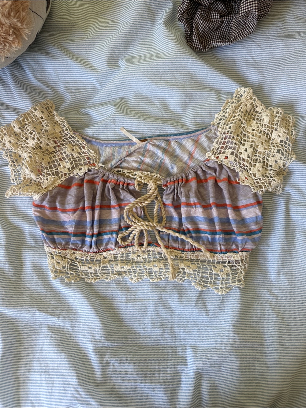 Free People Striped Crochet-Trim Crop Top in Cream, Blue & Rust